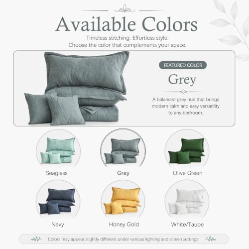 Image of HZ & HY Botanical Oversized King Bedspread 128x120 Extra Wide, Stitched Leaf Quilt Set King /Cal King, Lightweight Reversible Coverlet, Tailored Edge - Soft Neutral Look, 5 Piece, Grey