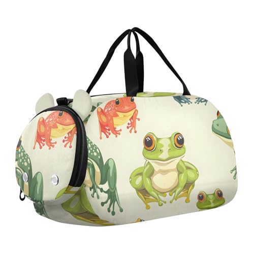 Duffle Bag Kids Gym Bag with Shoes Compartment & Wet Separation Overnight Travel Duffel Bag Orange Green Blue Frog for Girl Boy