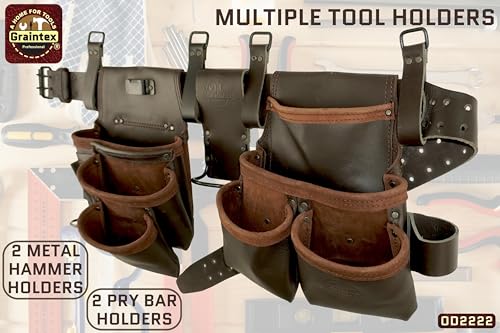 Image of Graintex 13 Pocket Framers Tool Belt, 4 Pc Combo Industrial Grade Leather Tool Pouch, 2 inch Leather Belt & Hammer Holder, Bags for Drywall Tools, Electricians, Plumbers