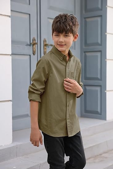 Haloumoning Boys' Long Sleeve Dress Shirts Classic Collared Button-Down Tshirt Solid Cotton Top with Chest Pocket, Army Green, 13-14 Years - 2