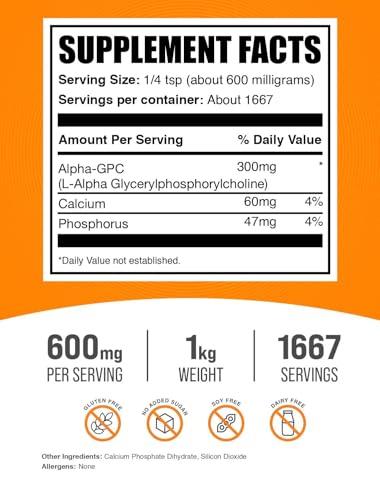 Image of BulkSupplements.com Alpha GPC Powder - Choline Supplements, Alpha GPC 300mg - Unflavored & Gluten Free, 600mg per Serving, 1kg (2.2 lbs) (Pack of 1)