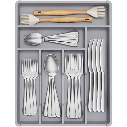 Lifewit kleiner Besteckkasten für Schubladen, 6 Fächern Besteck Organizer, 31 x 41 cm Schublade Organizer Küche, Besteckeinsatz Utensilienhalter aus Kunststoff für Löffe/Gabeln/Messer, Grau
