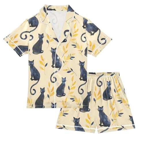 Watercolor Black Cat and Leaf Summer Satin Pajama Set, Cute Button-Down Sleepwear Pj Set for Sleep Wears