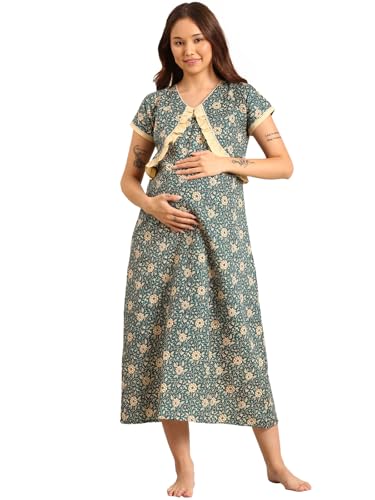 Image of Rupa Jon Aishwarya Women Full Length Maternity Night Dress in Cotton Blend Fabric, Maxi Nighty, Pregnancy Night Dress for Nursing, Pre and Post Pregnancy