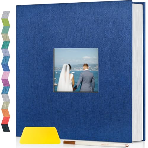 Image of popotop Photo Album Self Adhesive with Picture Display Window,60 Pages DIY Scrapbooking Supplies Kit for 4x6 8x10 Picture,Linen Cover Memory Book for Baby Wedding, with Scraper and Metallic Pen