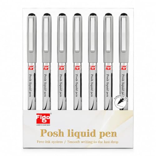 Image of Figo Posh Liquid Roller Pen | Smooth Writing | Fine Tip | Quick Dry Black Ink | Comfortable Grip | Office & School Use | Pack of 7 / Black Ink