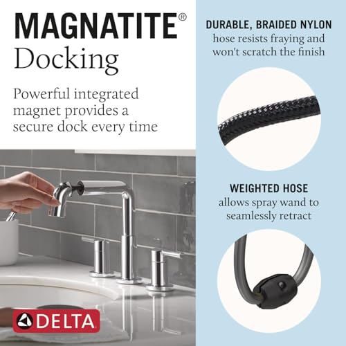 Image of Delta Nicoli Chrome Bathroom Faucet with Sprayer, 8 Inch 3 Hole Widespread Bathroom Sink Faucet with Pull Out Sprayer, Push-Pop Drain, Chrome 35849LF-PD