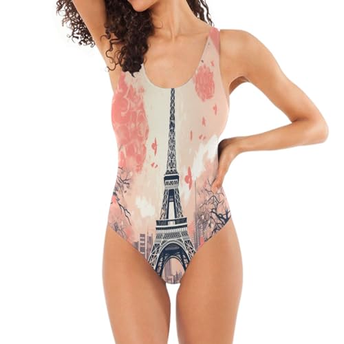 Torre De Paris Arte Incompleto Bañador de Una Pieza Elegante para Mujer Monokini,Ropa de Playa Traje de Baño Diseño de Soporte, Piscina y Playa