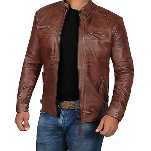 Mens Leather Jacket,OverSize Mens Classic Vintage Leather Jacket - Real Cafe Racer Motorcyle Style Distressed for Men