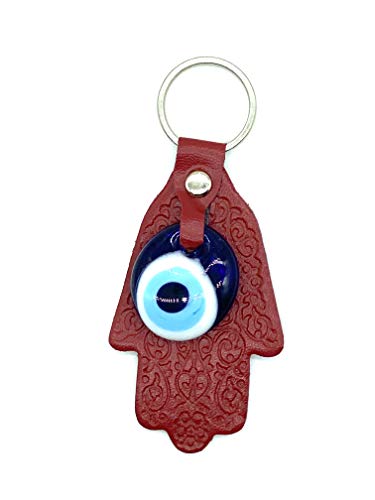 LuckyEye 1006-2 Turkish Leather Evil Eye Hamsa Hand Key Chain for Protection (Red)