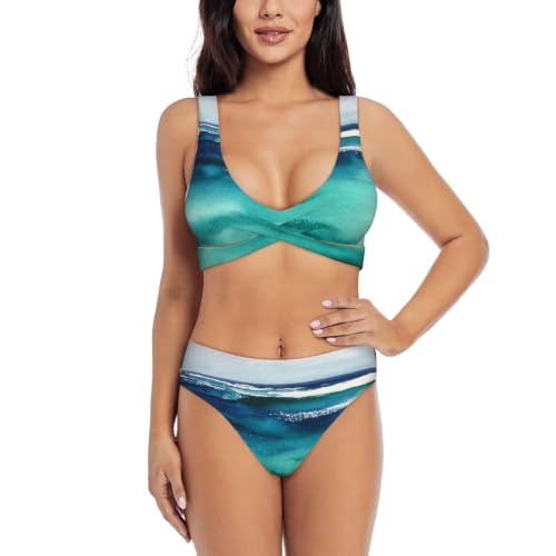 Bikini croisé push-up bleu vert ensemble deux pièces à coussinets amovibles