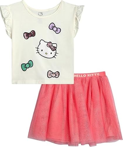 Hello Kitty Girls Skirt Set - 2 Piece Short Sleeve T Shirt and Tutu Skirt Kids Outfit Set (Sizes: 2T-12), Size 8-10, Cream/Pink Kitty