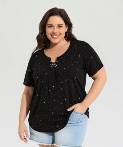 Image of CARCOS Womens Plus Size Tops Short Sleeve Shirts V Neck Tunic Floral /Tie Dye /Solid Summer Tees XL-5X
