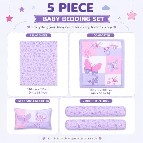 Image of Petals Dreams Baby 5 pcs. Bedding Set | Reversible Comforter Blanket & Bedsheet Set for (0-5 Years) | Baby Crib Bedding Set (Purple)