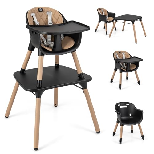 Image of BABY JOY High Chair, 5 in 1 Convertible Highchair for Babies & Toddlers | Booster Seat | Table and Chair Set | Infant Feeding Chair with Removable Tray, Safety Harness, Removable Cushion (Brown)