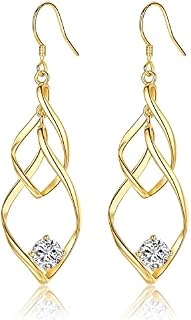 Sterling Silver Earrings for Women, Silver Drop Dangle Earrings with Cubic Zirconia, Double Linear Twisted Marquise Loops Wire Drop Dangle Earrings Jewelry Gifts (Silver, Gold)