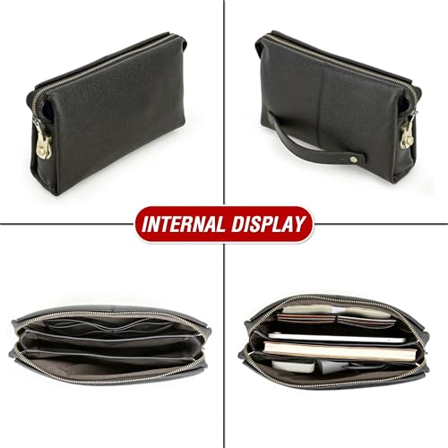 Image of Top Grain Genuine Leather Clutch Wallet Bag for Man & Woman, Handmade Retro Design, Combination Lock & Retractable Strap & Multi Pockets /Slots, Portable RFID for Cards /Checks /Phone /Banknote, Black