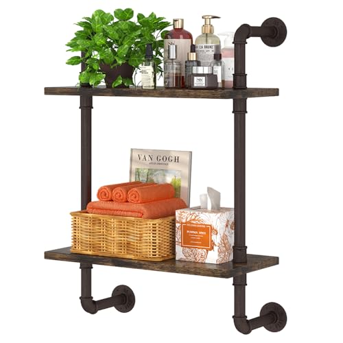 Helsin 2 Tier Industrial Pipe Floating Bathroom Shelves, 16inch Rustic