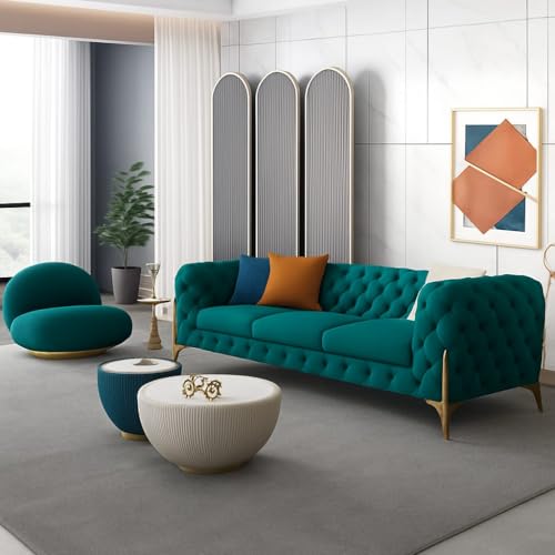 Image of 4 Seater Sofa Set Modern Classic Chesterfield Style Sofa Set with Pillows for Living Room, Bedroom and Office and Hallway Colour (3+1+OTTO Teal Green FC)