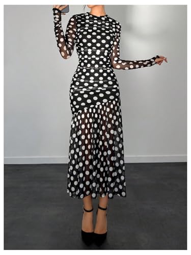 Image of Verdusa Women's Polka Dots Mesh Layered Bodycon Dress Long Sleeve Ruched Long Dress
