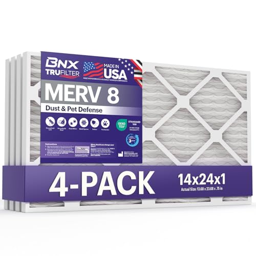 Image of BNX TruFilter 14x24x1 Air Filter MERV 8 (4-Pack) - MADE IN USA - Dust & Pet Defense Air Conditioner HVAC AC Furnace Filters for Dust, Pet, Mold, Pollen MPR 600 - 700 & FPR 5