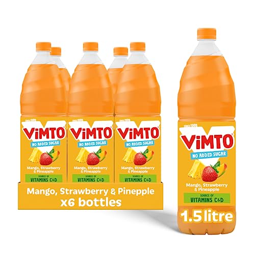 Vimto Mango, Strawberry & Pineapple Squash 1.5L (Pack of 6) – Real Fruit Juice Concentrate, No Added Sugar, Refreshing Tropical Flavour, Dilutable Soft Drink