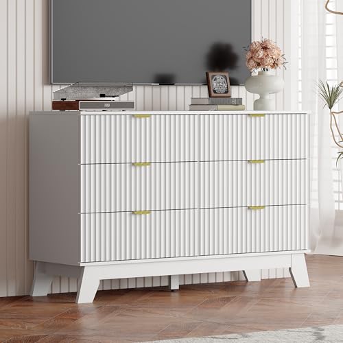 Image of White Dresser 6 Drawer Dresser for Bedroom, 47''W Fluted Wooden Dresser Storage Cabinet and Chest of Drawers with Metal Handle, Storage Organizer for Living Room, Hallway, Entryway