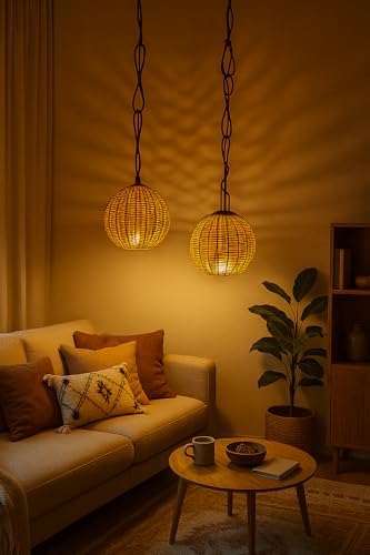 " Handcrafted and Woven Bamboo Cane Ceiling Lamps - Natural Beige - Set of 2