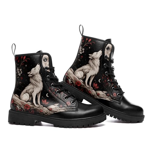Gothic Combat Ankle Boots for Women Animal Artwork Lace-Up Vegan Leather Booties Punk Rock Chuncky Heel Fashion Black Boot2