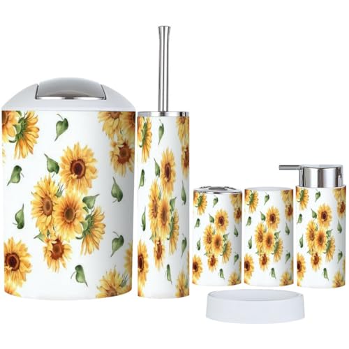 Bathroom Accessory Set 6 Piece Sunflower Yellow Summer Repeating Toothbrush Holder, Toothbrush Cup, Soap Dispenser, Soap Dish, Toilet Brush Holder, Trash can for Countertop Rustic Decor