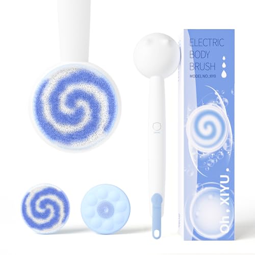 Oh,XIYU. Electric Back Scrubber for Shower Body Brush, Waterproof Shower Body Scrubber for Cleansing, Massaging, Rechargeable Bath Brush for Kids & Adults with 2 Heads & 3 Speed Modes, Milk White XY0