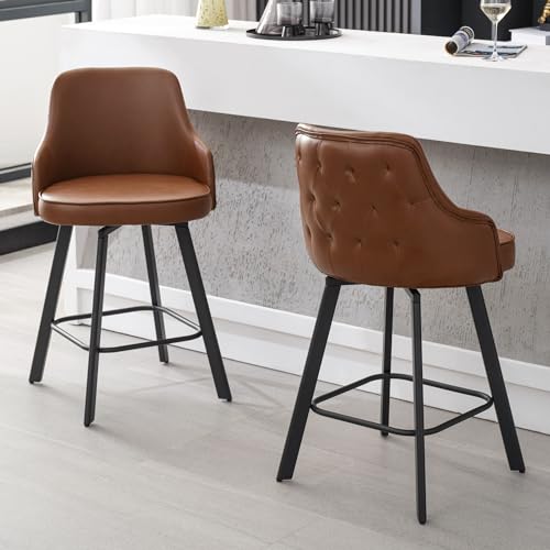 Image of Counter Height Bar Stools Set of 2 with Back, 26 inch Faux Leather Swivel Chair