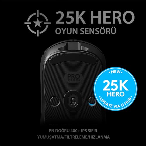 Logitech G PRO Kablosuz LIGHTSPEED Oyuncu Mouse, HERO 25K Sensör, 400 IPS, 6 Programlanabilir Tuş, LIGHTSYNC RGB, 1 ms Bildirim Hızı, PC / Mac ile Uyumlu, Siyah