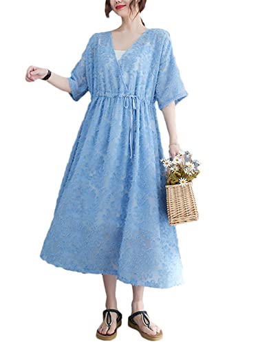 Robe d'été décontractée légère bleu ciel col V brodée taille XL