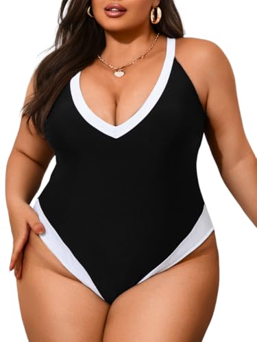 ChiaoLezhee Plus Size Color Block Swimsuit, Plunge V...