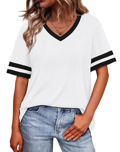 Image of WIHOLL Womens T Shirts Loose Fit Short Sleeve Tees V Neck Color Block Summer Tops 2026 Fashion S-4XL