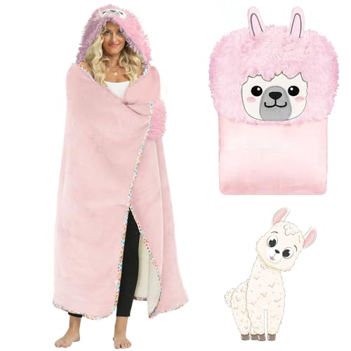 BOUFEIDA Coperta indossabile con maniche e cappuccio, flanella di alpaca, 165x120 cm, morbida e simpatica coperta in peluche di alpaca con motivo animalier, perfetta per l'uso domestico o come regalo