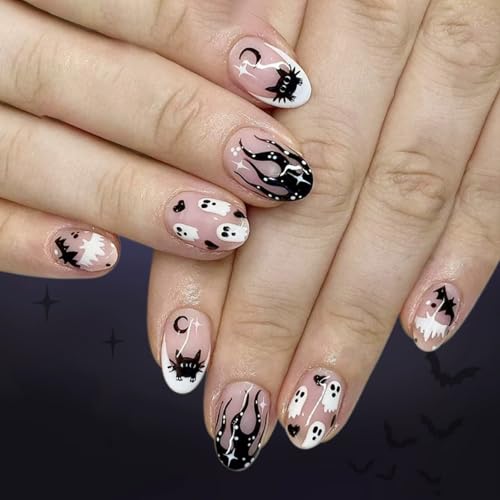 Short Press on Nails Halloween Fake Nails French False Nails with Ghost Black Cat Flame Bat Design Almond Acrylic Nails Glossy Heart Moon Star Halloween Stick on Nails Goth Glue on Nails for Women