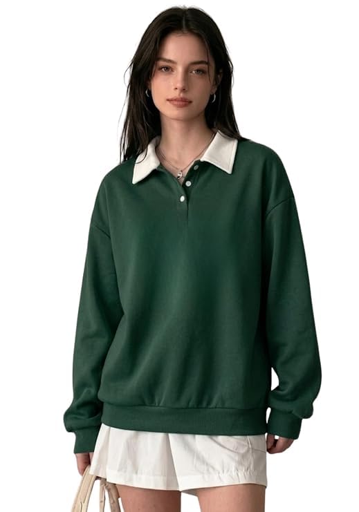 Women's Oversized Cotton Fleece Polo Sweatshirt Collared Pullover-image-38