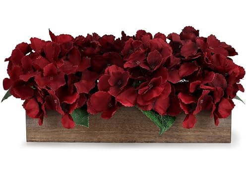 Scawim Spring Pre-Made Flower Table Centerpiece, Artificial Hydrangea Arrangements Centerpieces Fake Flowers Decor Wood Tray Faux Flower Wedding Room Kitchen Farmhouse Indoor Office Party(Burgundy)