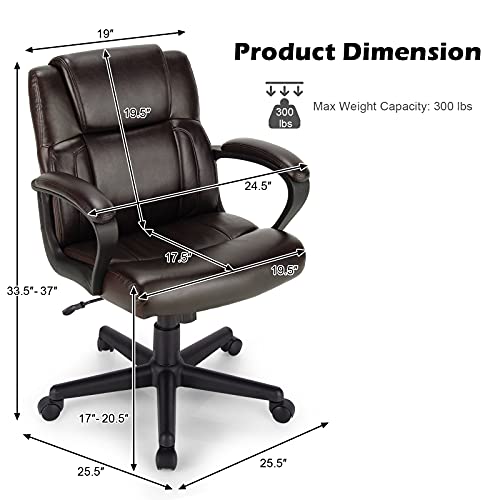 Giantex Office Chair, Leather Modern Executive Chair, Ergonomic Mid Back Computer Desk Chair W/Padded Armrests, Height Adjustable Swivel Task Chair W/Rocking Function, Dark Brown #TOP2