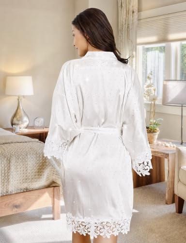 Image of EPLAZA Sparkly Rhinestone Bride Robe for Wedding Day Set Bridal Robe Lace Trim Silky Satin Kimono for Bridal Bachelor Party