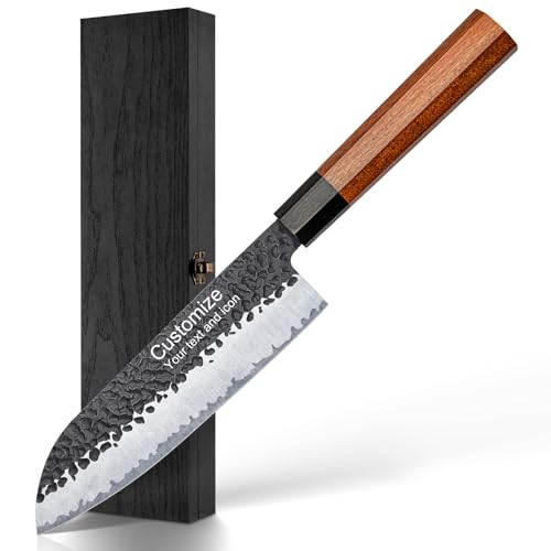Image of Professional 7 inch Japanese Santoku Knife, Handcrafted 5 Layers 9CR18MOV High Carbon Steel Kitchen chef Knife with Ergonomic Rosewood Handle and Luxury Sandalwood Box (Personalized Design)