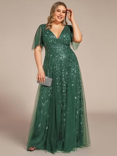 Image of Ever-Pretty Women's Sequin V Neck Plus Size Formal Dresses Evening Gown | Short Sleeve, A-Line, Empire Waist, Plus Size Mother of the Bride Dresses, Plus Size Gala Dress