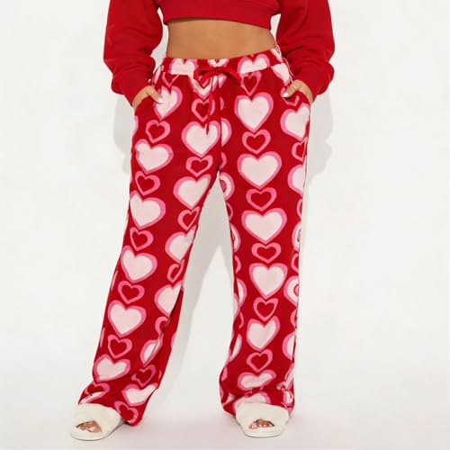 Image of Valentine's Day Flannel Pants Women's Romantic Heart Print Elastic Drawstring Waistband Wide Leg Loose Fit Trousers