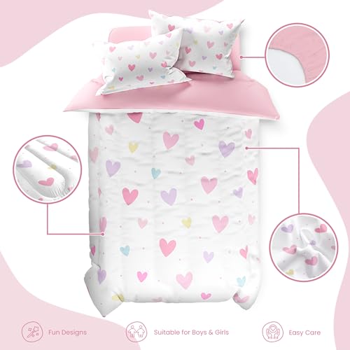 Image of SANDJEST Heart Comforter Set Full Size 98x86in for Kids Girls, Microfiber 4 Pcs Bedding Set Includes 1 Comforter, 2 Pillowcases, 1 Fitted Sheet, Nursery Room Decor