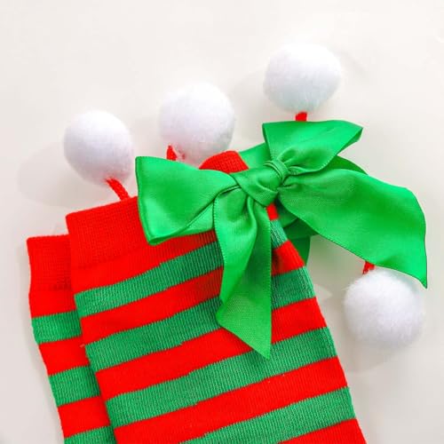 Image of Christmas Thigh High Stockings Bow Striped Stockings Holidays Knee Stocking for Women 2 Pairs