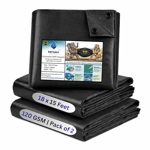 Image of Premium 18x15ft Black Tarpaulin, Thadika, 120 GSM Virgin Tharpai Sheet, Heavy Duty Waterproof Tadpatri Cover with Reinforced Eyelets & UV Protection, Ideal for Trucks, Farms, HomeUse, 2 Sheets