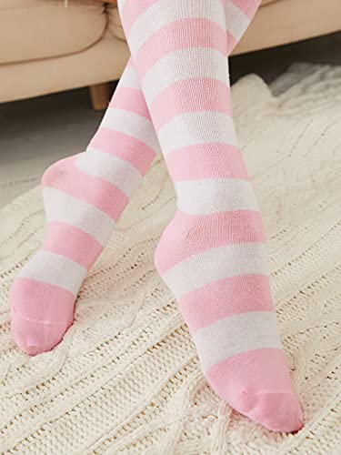 Zanzea Womens Over Knee Thigh High Socks Long Striped Stocking Pink White One Size #TOP5
