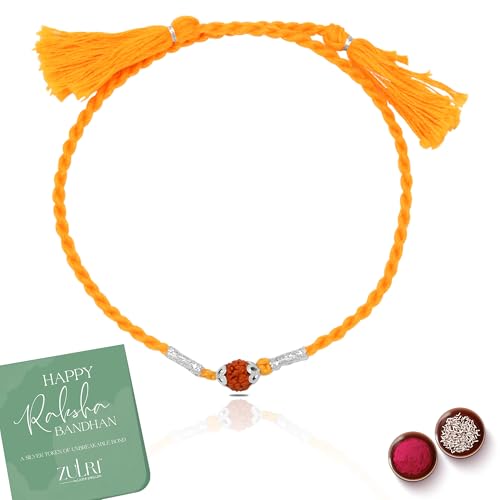 ZULRI Unisex-Adult 925 Sterling Silver Rudraksh Divine Rakhi For Brother Cotton Thread Rakshabandhan Rakhi With Greeting Card & Roli Chawal And Certificate Of Authenticity